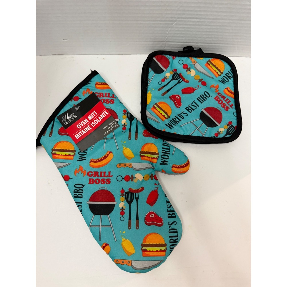 Home Collection Grill Boss BBQ Oven Mitt and Pot Holder Set 3pc‎ Teal NEW